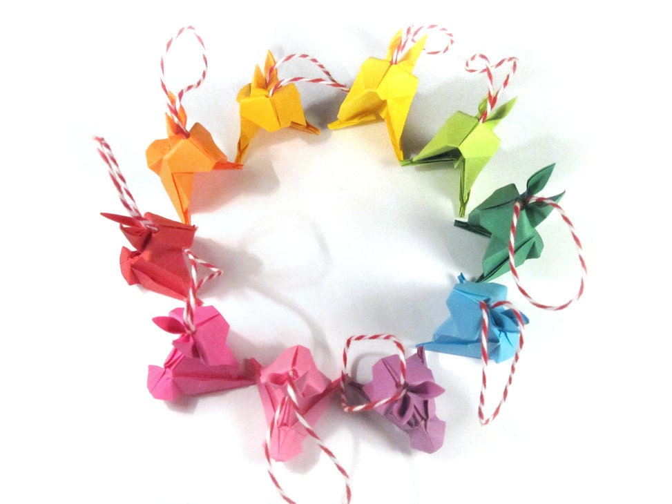 10 Origami Bunny Rabbit Ornaments - Rainbow Colors
