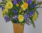 Iris, Daisies and Wildflower Silk Floral Arrangement in rustic mustard gold container