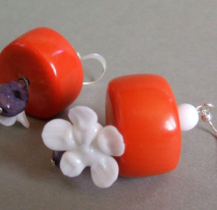 Modern Floral Earrings - Orange coral, purple kiwi agate, white glass flower and sterling silver