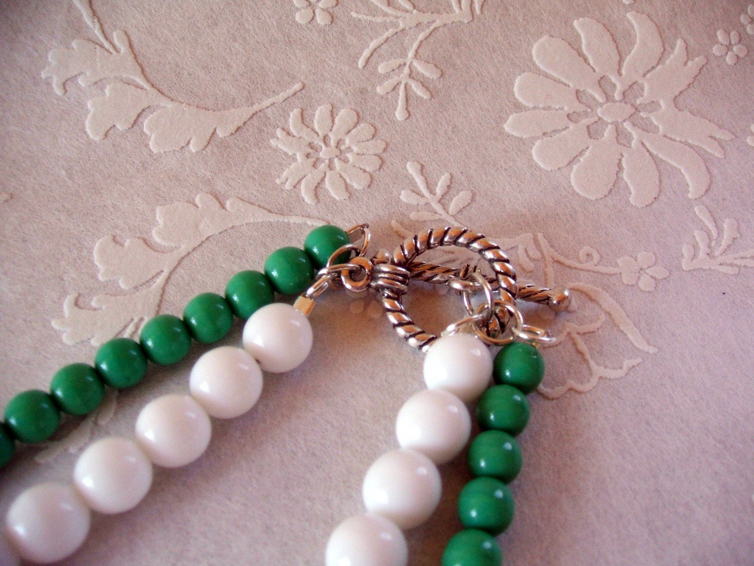 Flower Necklace - Pink satin rose, green and white glass beads