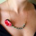 Flower Necklace - Small pink rose, green cloisonne and gold filled chain