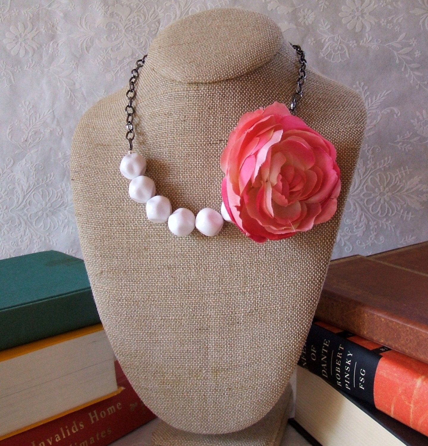 Flower Necklace - Pink rose, large white retro plastic beads