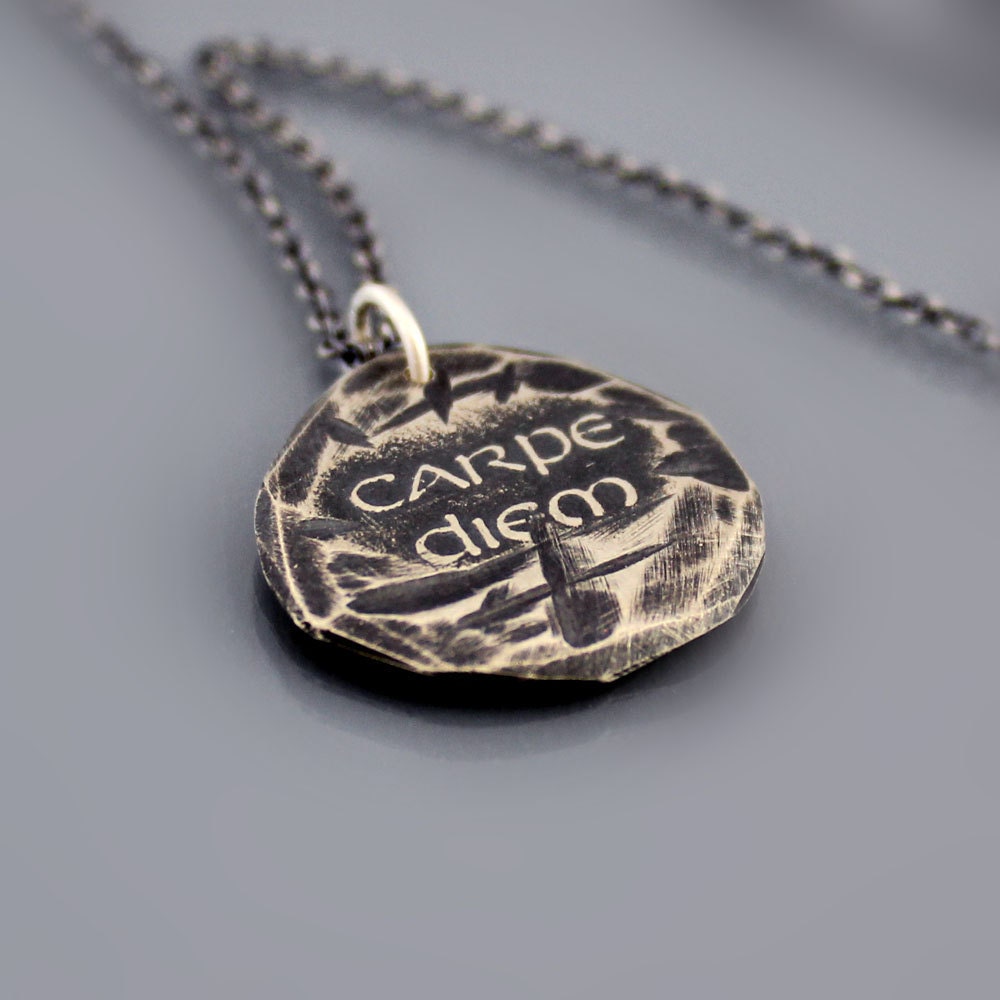Silver Carpe Diem Necklace - Etched Inspirational Quote - OOAK