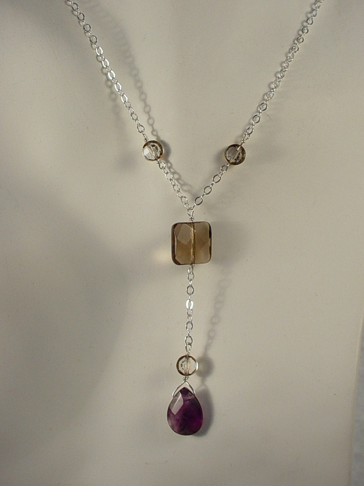 Gemstone Necklace w Amethyst, Smoky Quartz Gemstones and Crystal Beads on Sterling Silver Chain