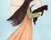Black cat carried by fairy angel / Lynch signed folk art print