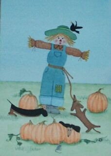 Field full of dachshunds (doxies), Halloween pumpkins and scarecrow / Lynch signed folk art print