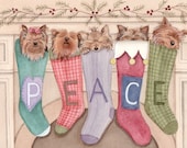 Christmas cards: Yorkshire terrier (yorkie) Christmas stocking / Lynch folk art