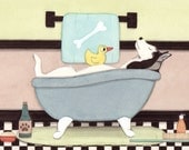 Siberian husky fills a tub at bath time / Lynch signed folk art print