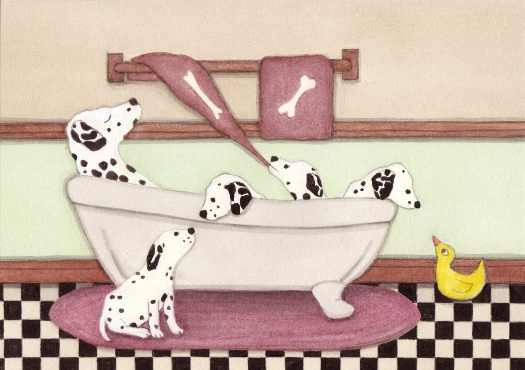 Dalmatians fill tub at bath time / Lynch signed folk art print Dalmation