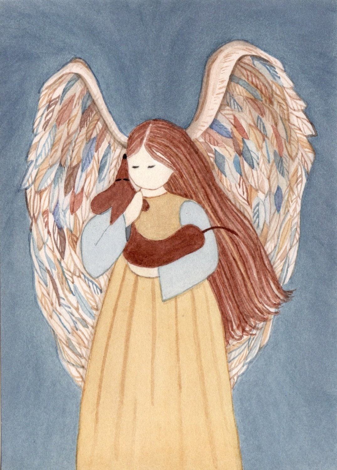 Brown shorthaired dachshund with Angel / Lynch signed folk art print (Weiner / Wiener Doxie)