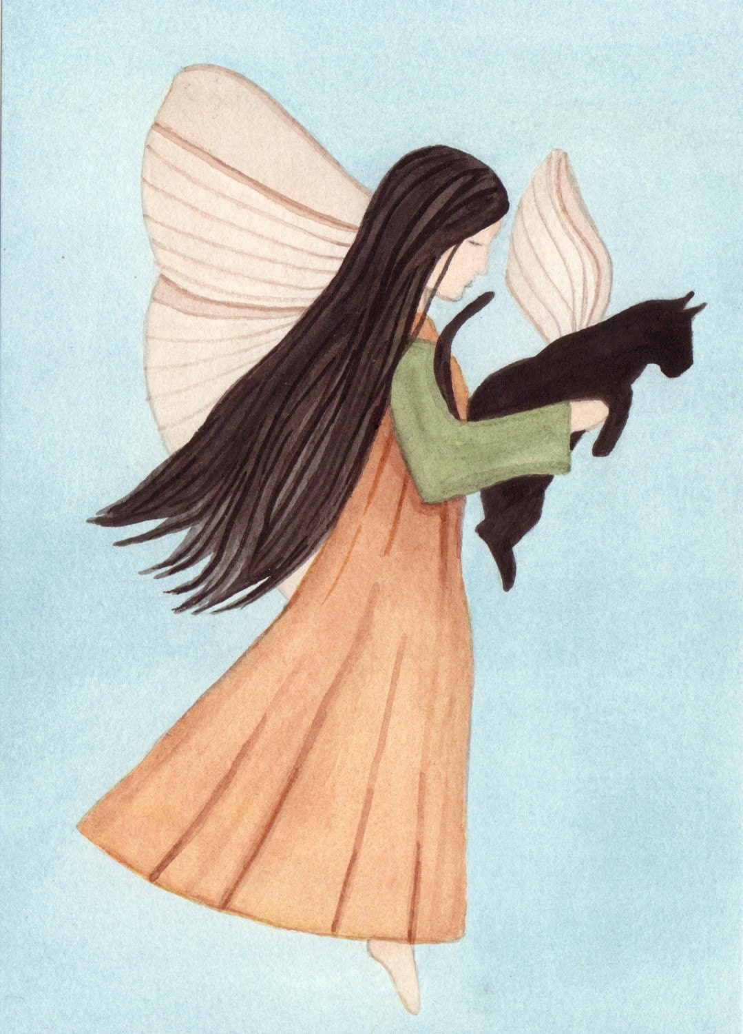Black cat carried by fairy angel / Lynch signed folk art print