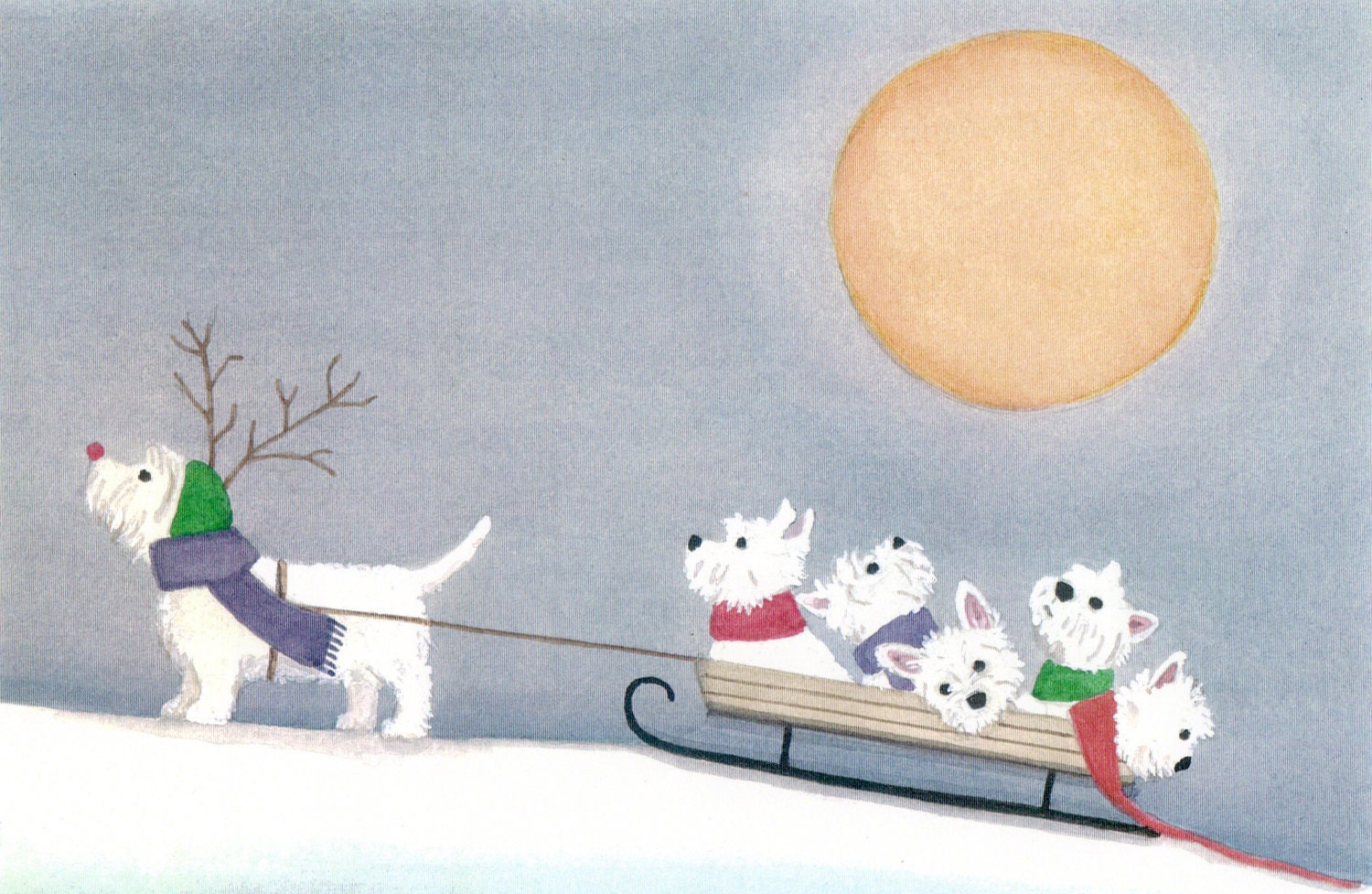 12 Christmas cards - West Highland Terrier (westie) family goes for sled ride / Lynch folk art