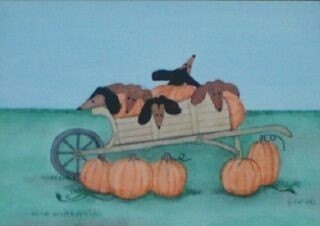 Wagon full of Dachshunds and Pumpkins at Halloween / Lynch signed folk art print Weiner/Wiener