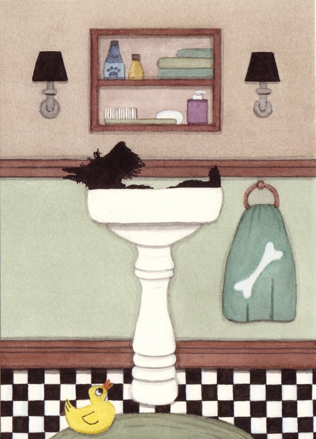 Scottish terrier (scottie) bathing in a sink / Lynch signed folk art print