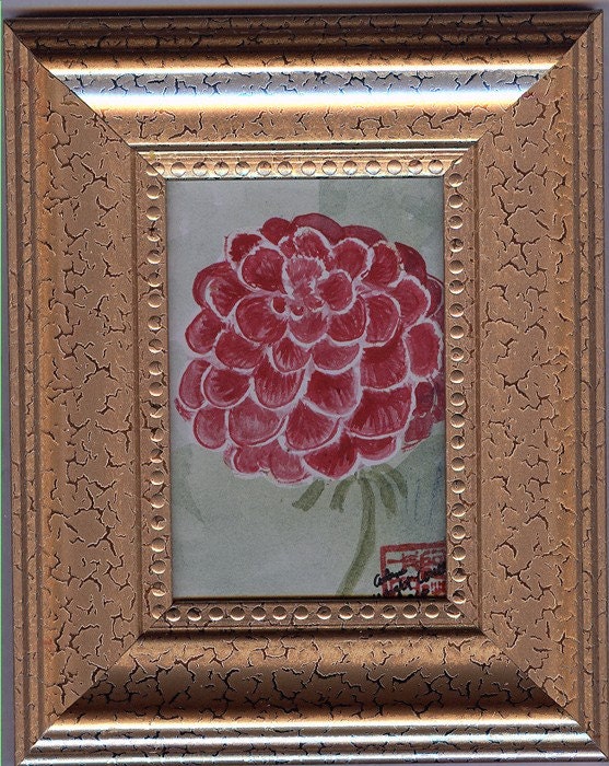 Red Dahlia Miniature framed watercolor shipped free - kate1031