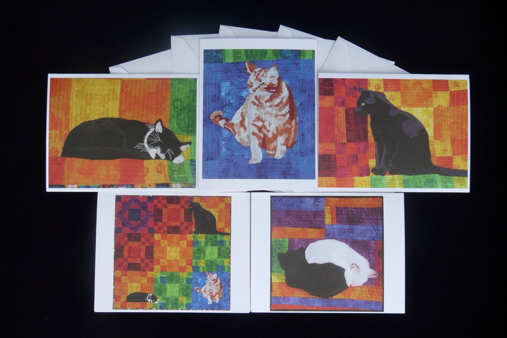 Cat Quilt Note Cards, blank, set of 5