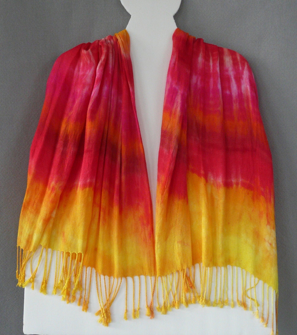 Hand Dyed Rayon  Shawl, Autumn, red, orange, golden yellow