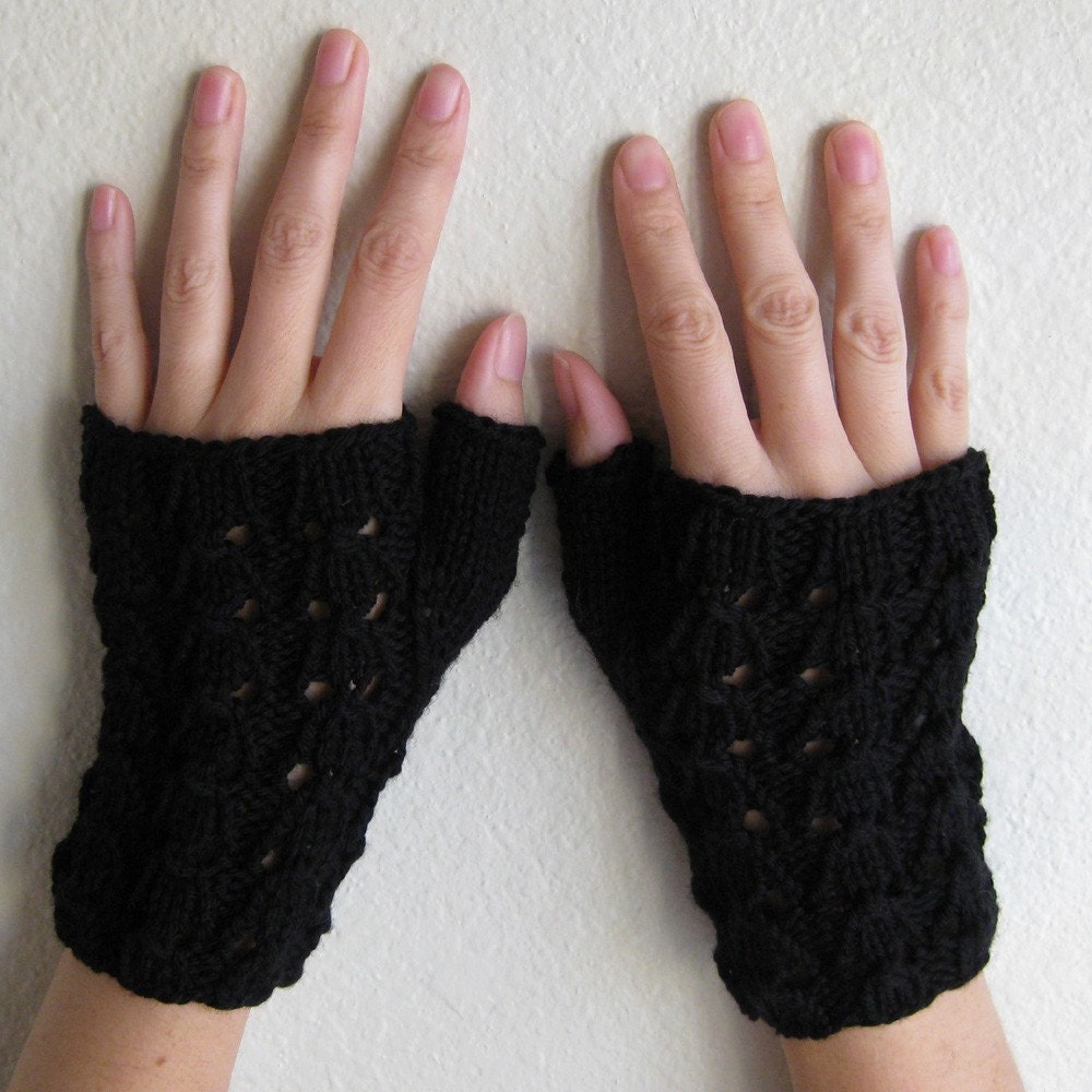 Fingerless Gloves Cashmere Merino Hand Knit Black Lace