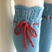 Knee High Socks Turquoise Merino Wool Lace with Red Ties hand knit