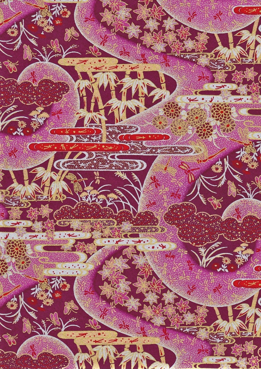 Plum and Gold Bamboo Garden Japanese Yuzen Chiyogami Washi Paper Sheet 23 x 15 cm (9 x 6 inches)