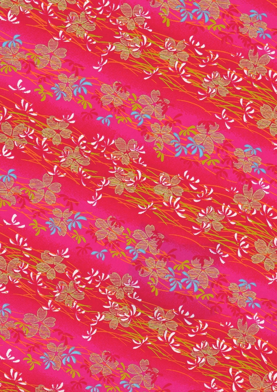 Hot Pink With Gold Flowers Japanese Yuzen Chiyogami Washi Paper Sheet 23 x 15 cm (9 x 6 inches)