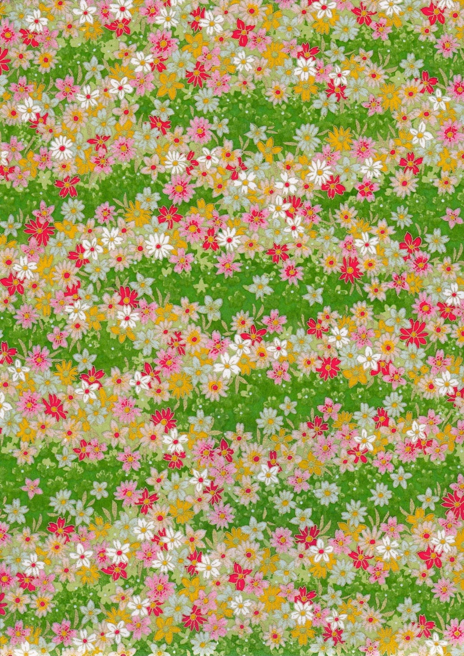 Green Yellow and Pink Flowers Japanese Yuzen Chiyogami Washi Paper 23 x 15 cm (9 x 6 inches)