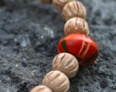 Wood Wrist Mala Bracelet w Striped Orange Guru Bead - Wood Hippy Yoga Bracelet
