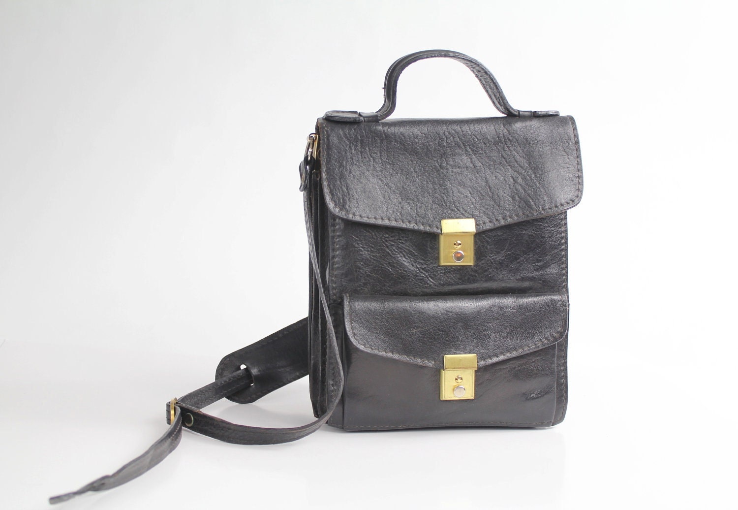 70s vintage ITALIAN black leather satchel