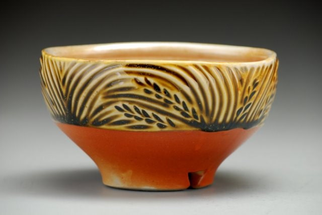 Amber Carved Square Bowl with notch, earth tones, wood and soda fired, hand carved