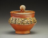 Small Jar, ridge textures, earth tones, wood and soda fired stoneware