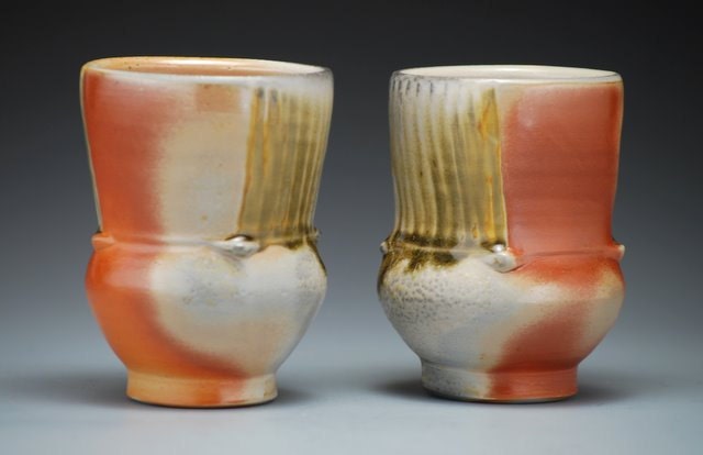 Cup, sage green and earth tones, wood fired
