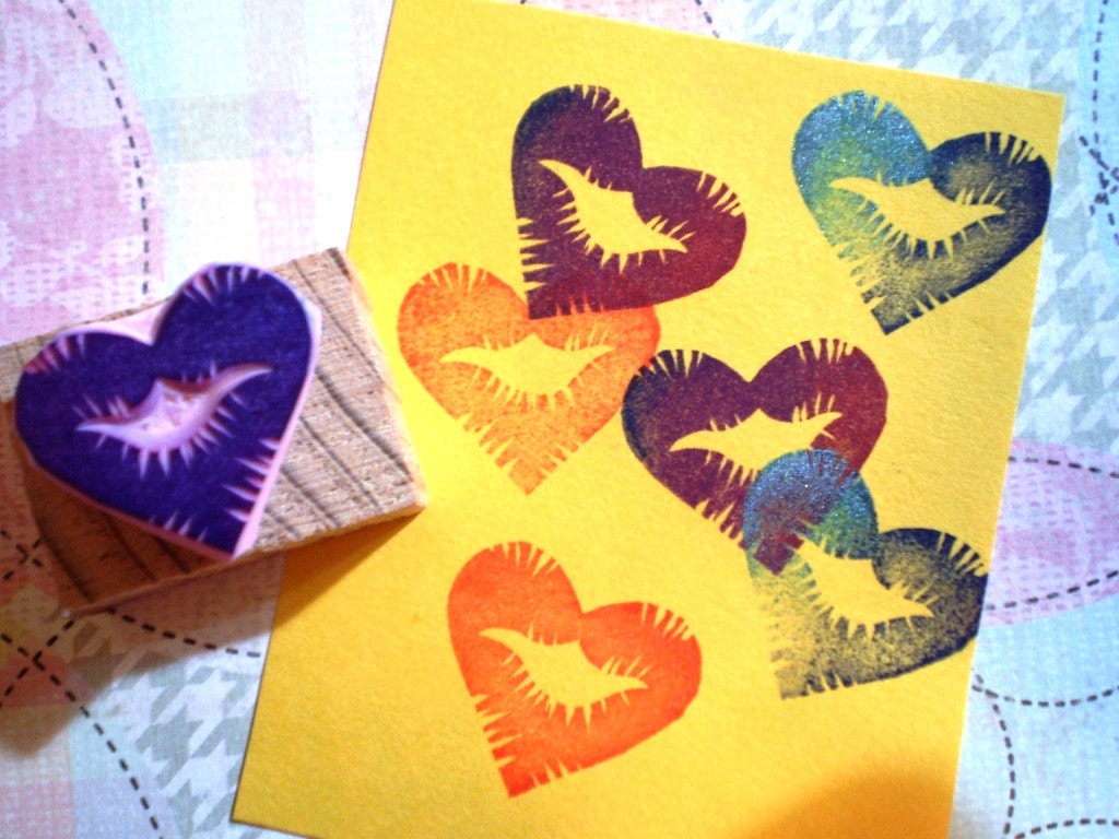 Kiss mark in heart   - hand carved rubber stamp
