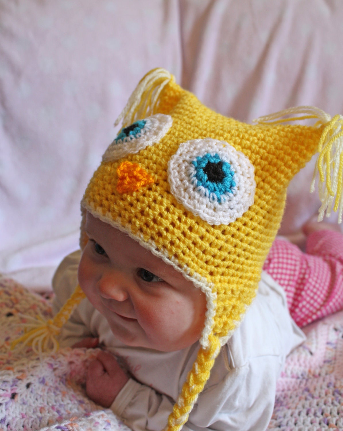 Yellow Owl Beanie - 3-6 months, Other Sizes Available- Free International Shipping