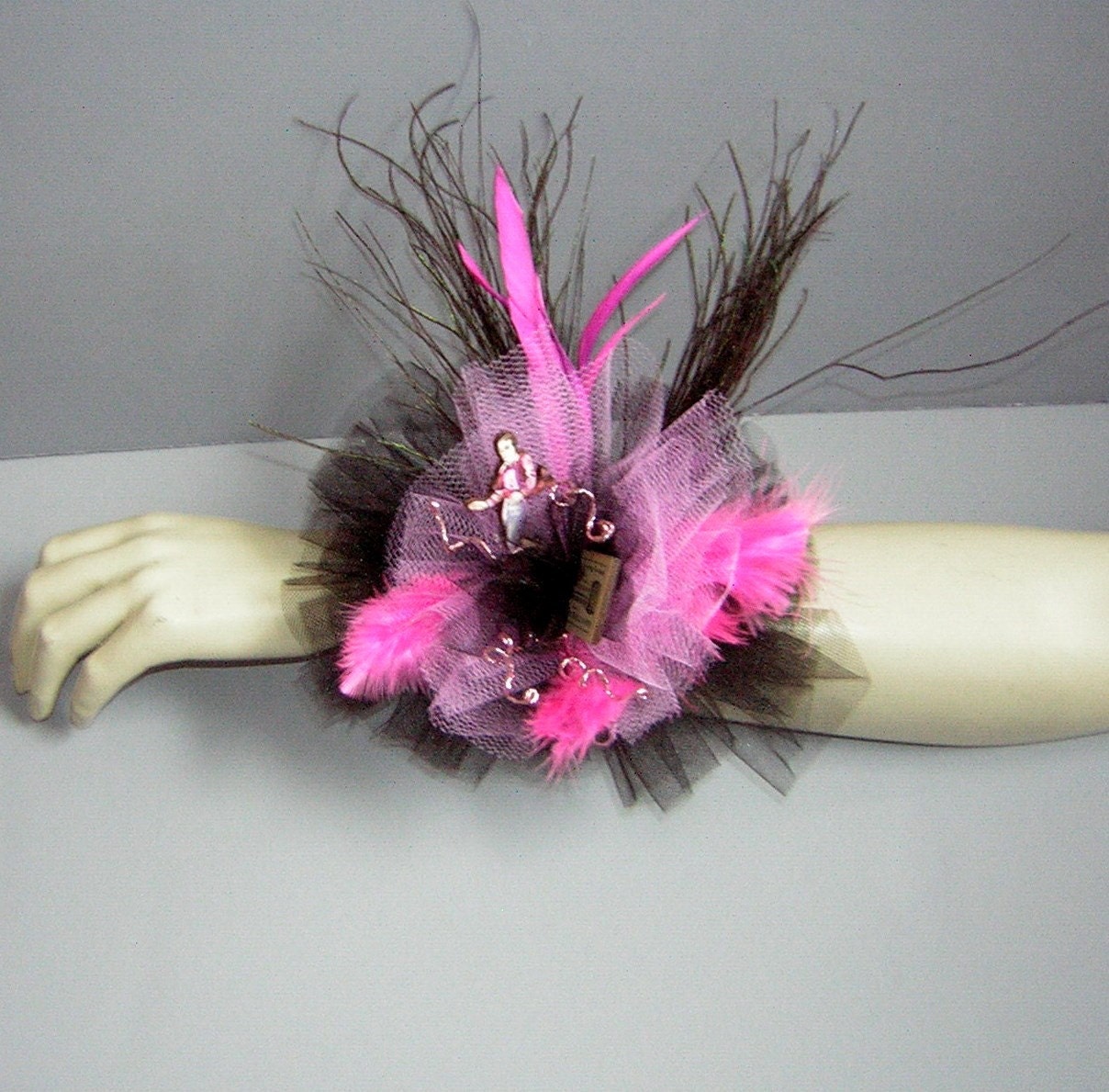 Vintage Wrist Corsage TuTu Bracelet Pink Black Feathers - Circus Theme