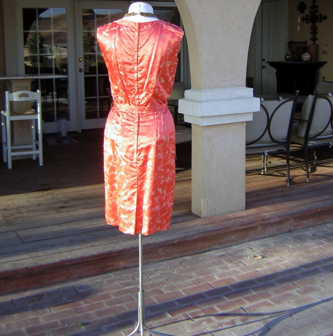 Vintage Orange Silk Brocade Dress Jacket - 2pc Suit Set - Cherry Blossoms - Betty Yokosuka Japan