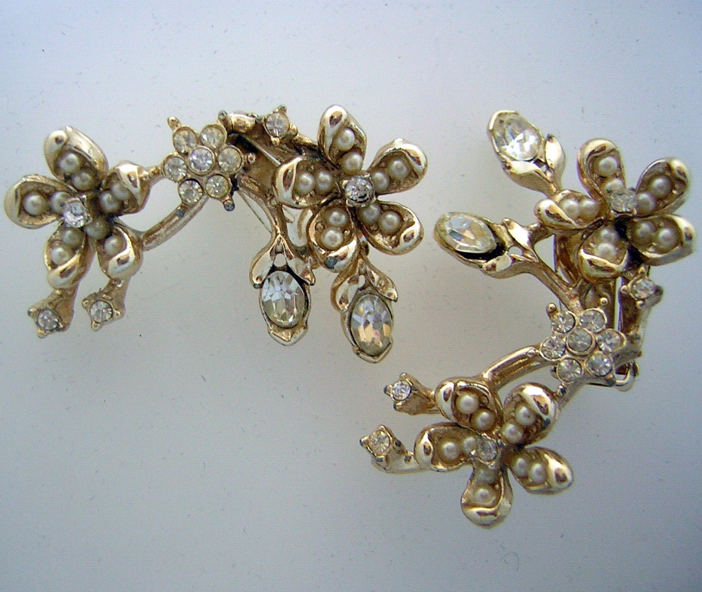 Vintage 50s Earrings - Dogwood Spray - Faux Seed Pearls & Rhinestones - Spring Bride