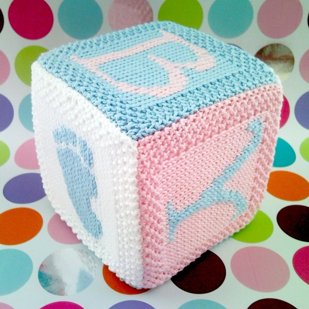 PDF Knitting pattern Baby cube toy with hand and foot print motifs - instant download after purchase