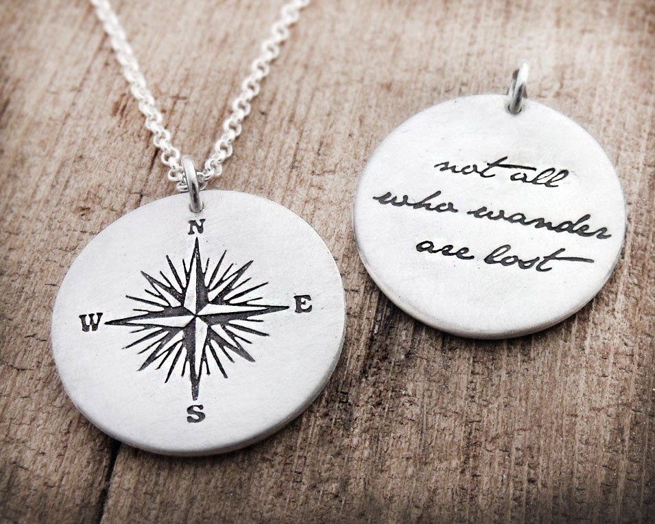 Compass necklace - Not all who wander are lost - compass rose necklace - inspirational quote - silver quote pendant