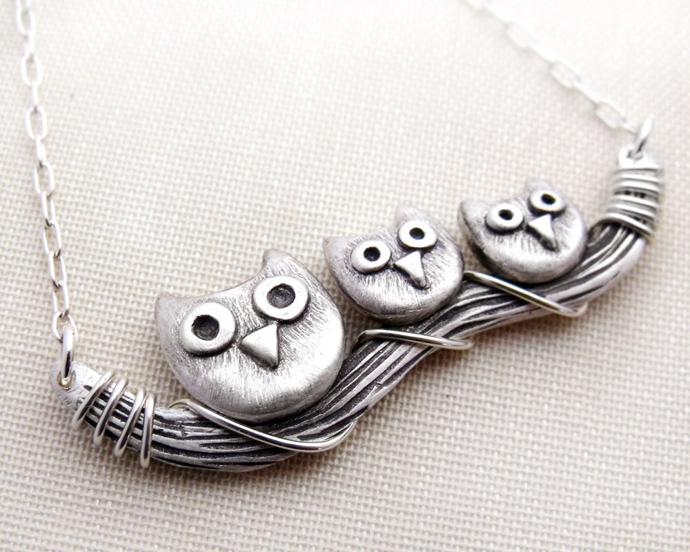 Owl family necklace - sterling silver owl jewelry - mom