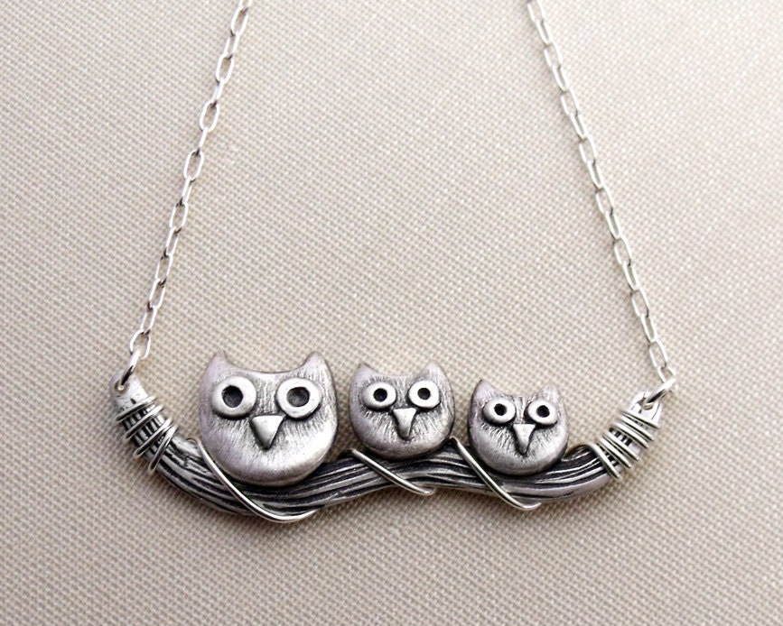 Owl family necklace - sterling silver owl jewelry - mom
