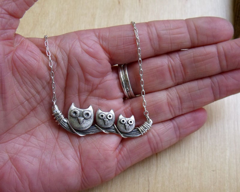 Owl family necklace - sterling silver owl jewelry - mom
