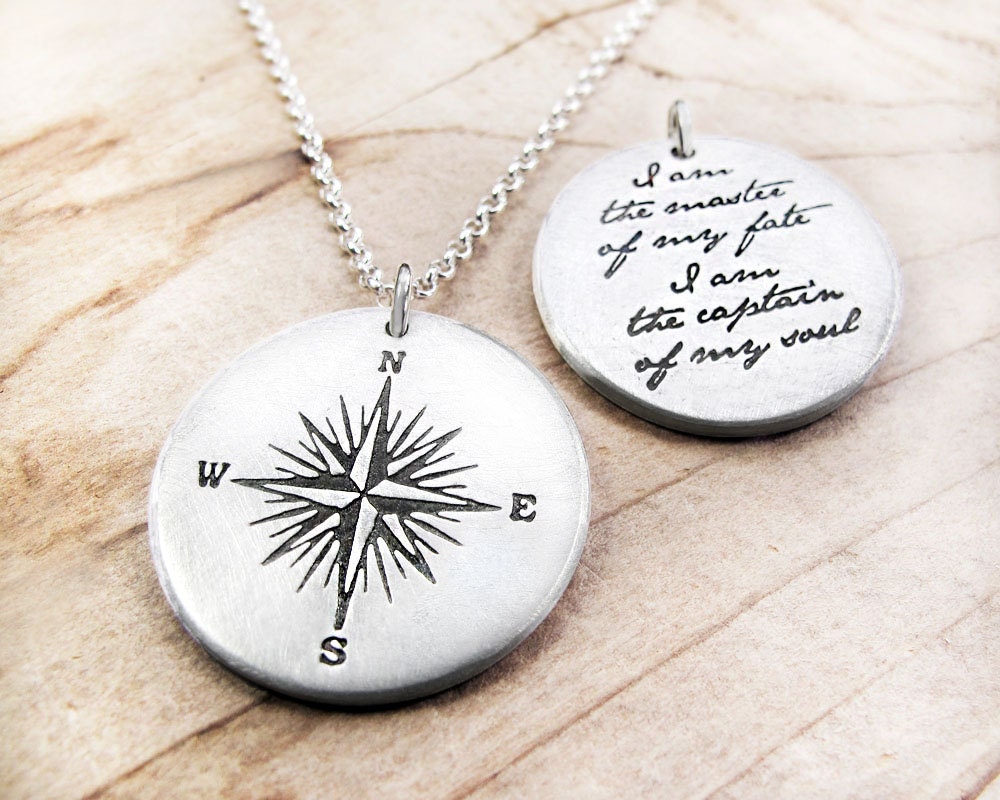 Compass Necklace Invictus quote - Inspirational necklace - graduation - I am the master of my fate - handmade jewelry