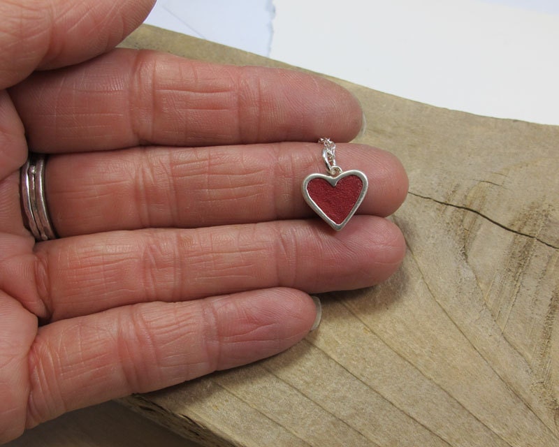 Heart necklace - red concrete and silver - tiny