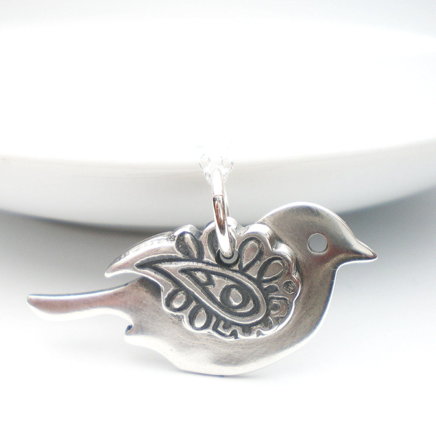 Silver Bird Pendant Paisley Wing, Silver Bird Necklace, Bride Necklace, Bridesmaid Necklace, Paisley Bird Necklace