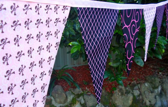 Bunting / flags / pennant strings - Pink and Black Skulls Il_570xn