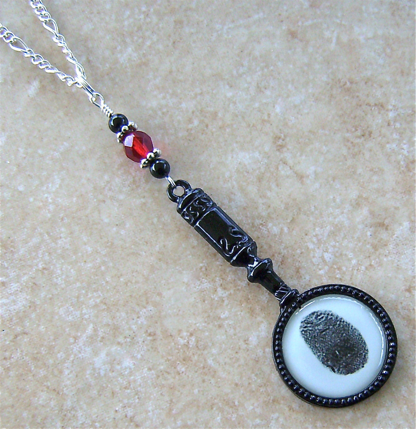 Gothic Black CSI Forensics Fingerprint Magnifying Glass Black Enamel Charm Necklace