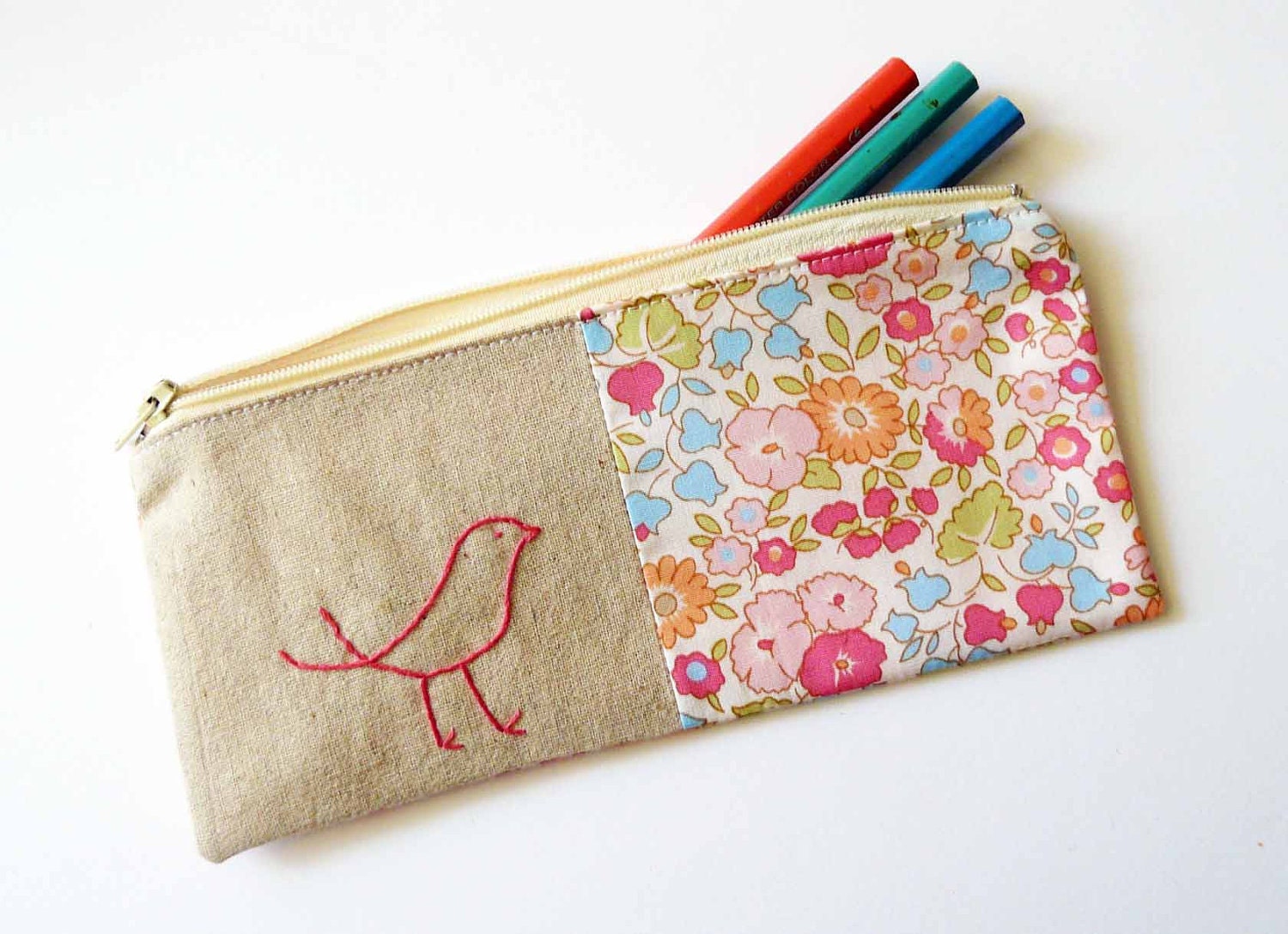 Bird pencil case or zipper pouch. hand embroidery in candy pink with floral fabric.