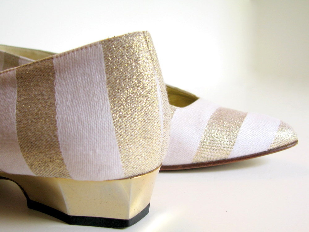 1980s Escada Shoes Gold and White Striped Vintage Flats Size 6.5 B