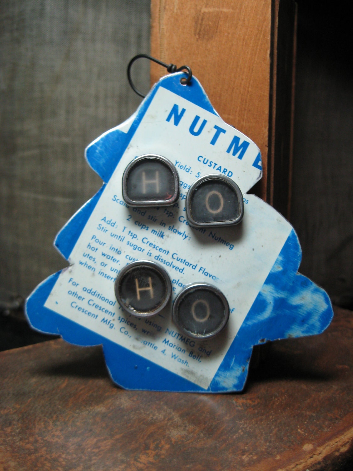 Vintage Christmas Type Key Ornament, Upcycled Metal, Gifts under 20, Black Friday Etsy, HO HO, HO