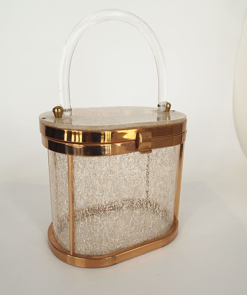 50s Gold Confetti Clear Hard Plastic Oval Box Bag